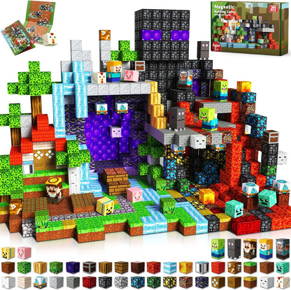 Magnetic cube forest castle with dinosaurs and a glowing orange volcano – view 12
