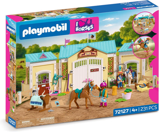 Western ranch playset with wooden-look stable, riding arena and fence