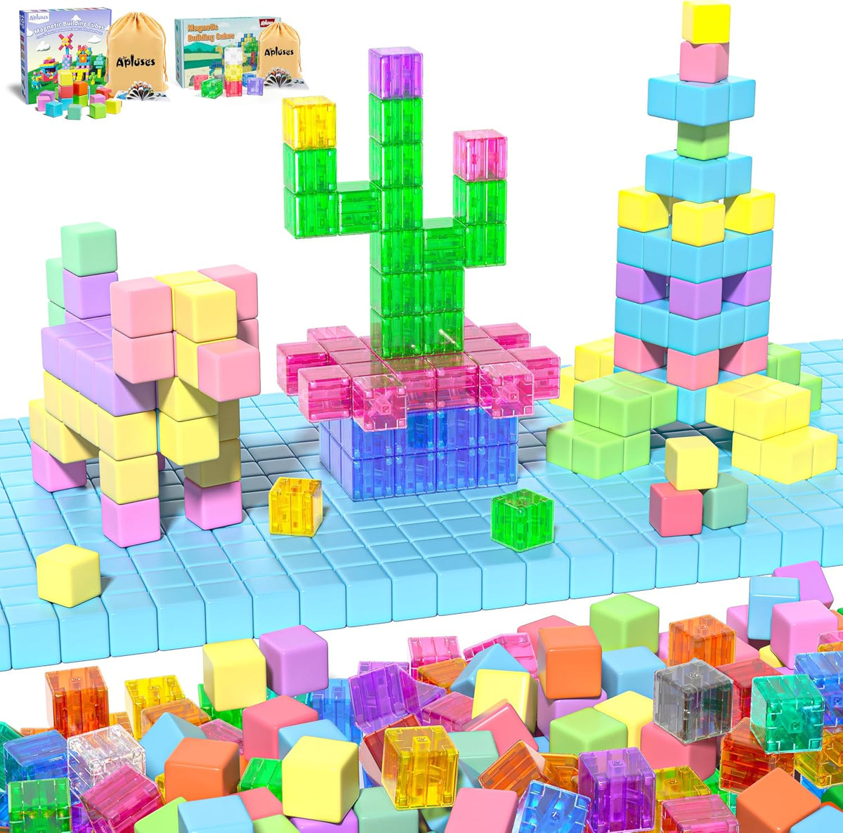 Candy-colored and transparent magnetic cubes built into a small house