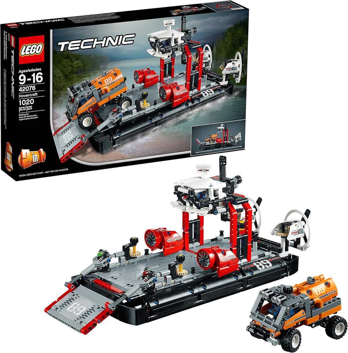 Grey and blue brick hovercraft with large rear fans and a cargo truck