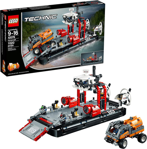 Grey and blue brick hovercraft with large rear fans and a cargo truck