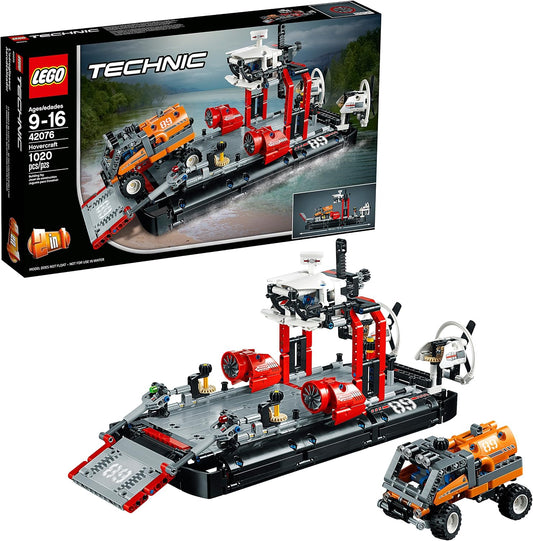 Grey and blue brick hovercraft with large rear fans and a cargo truck
