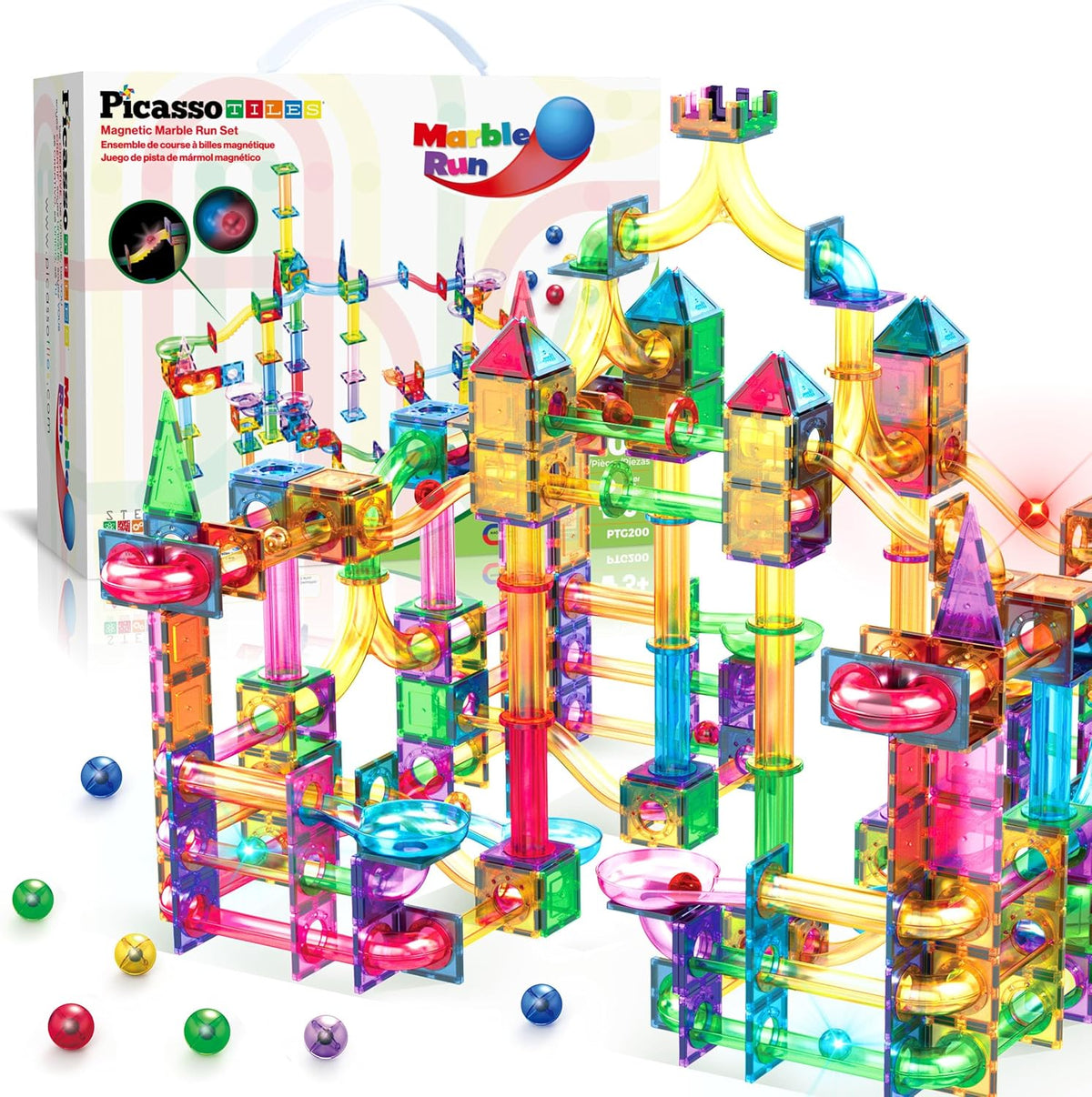 Colorful magnetic tile marble run tower with ramps and two glowing toy cars – view 4