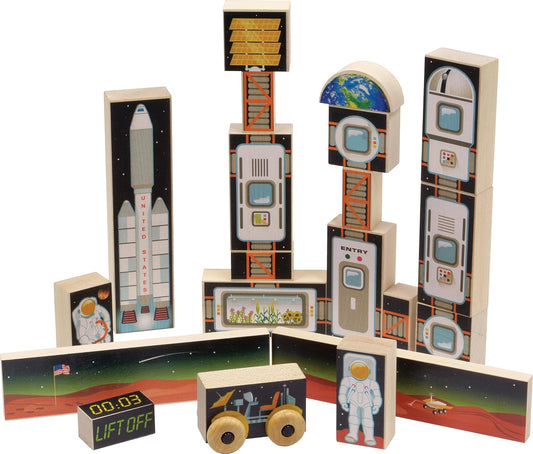 Printed maple wooden space blocks with astronauts, rocket and rover