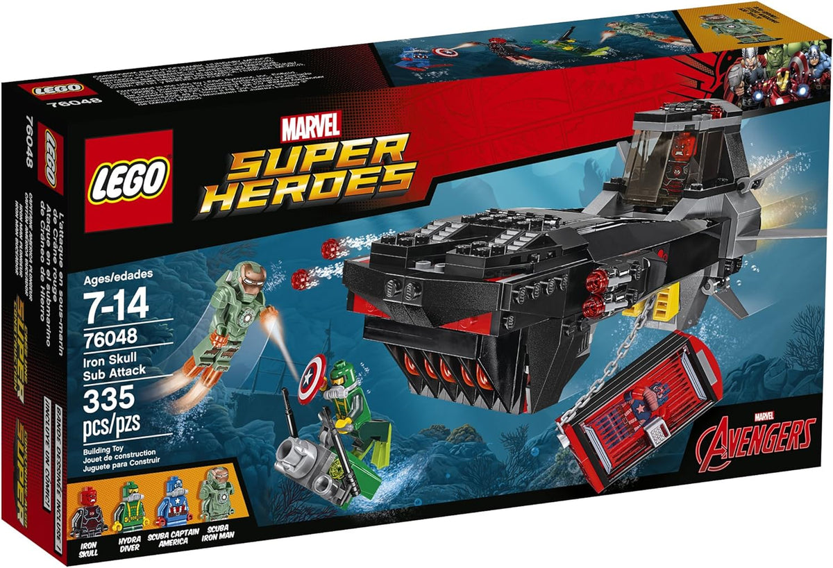 Brick-built dark submarine with red skull emblem, cage and scuba hero figures