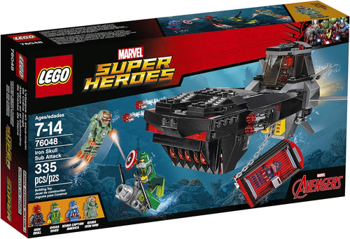 Brick-built dark submarine with red skull emblem, cage and scuba hero figures