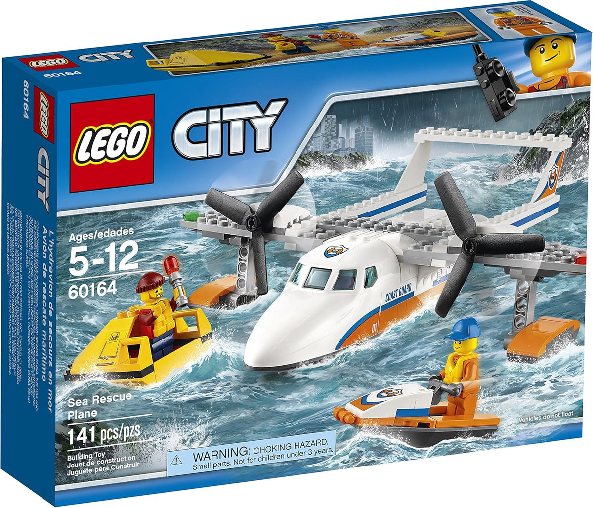 Orange and white brick rescue plane with water scooter and raft