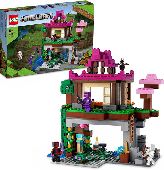 Blocky brick-built dojo on top of a cave forge with small figures
