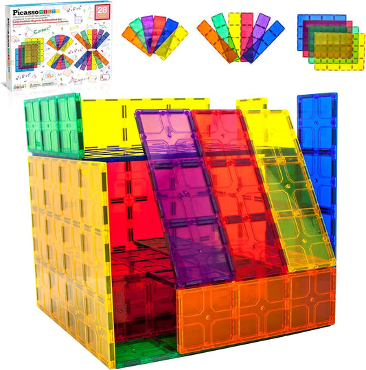 Extra-large clear colored magnetic tiles used as base and columns