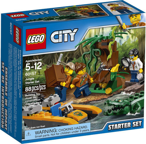 Small brick-built jungle boat with explorer figures, crocodile and treasure tree