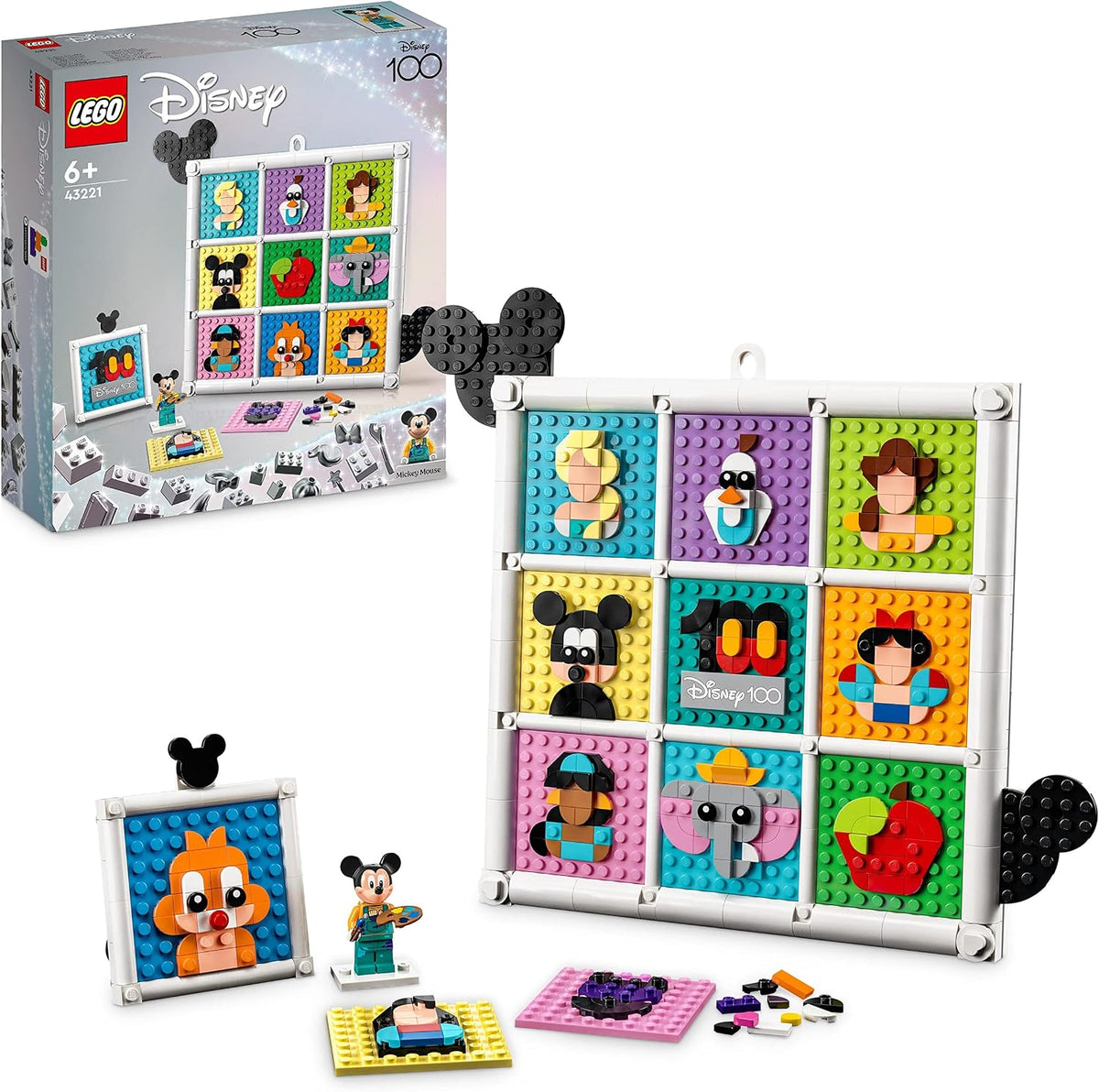 Grid of small brick mosaic tiles showing cartoon character portraits hung on a wall