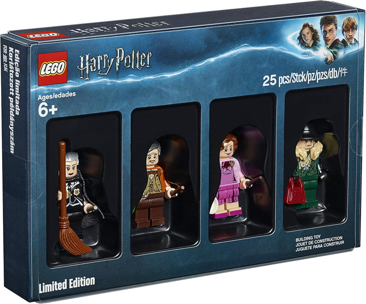 Four wizard minifigures in robes holding accessories