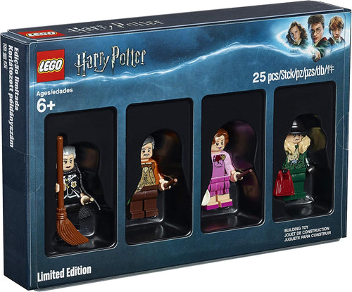 Four wizard minifigures in robes holding accessories