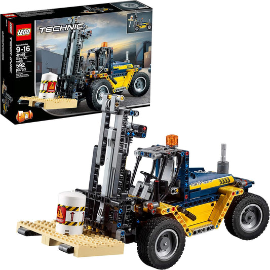 Brick-built yellow forklift with raised forks next to a tow truck alternate model