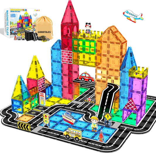 Magnetic tile road with ramps and small buildings on a play mat