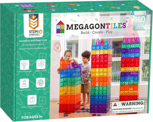 Translucent colorful magnetic tiles built into a tall house and tower