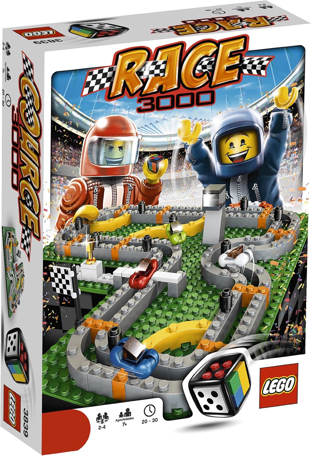 Built brick racing board game track with race cars, trophy and buildable die