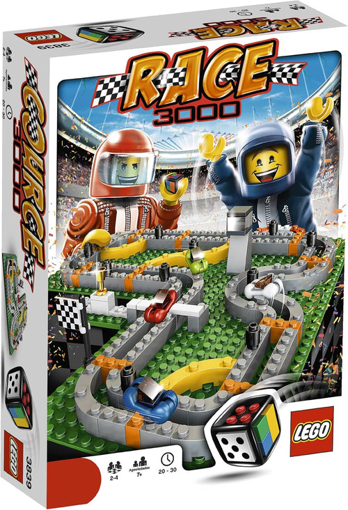 Built brick racing board game track with race cars, trophy and buildable die