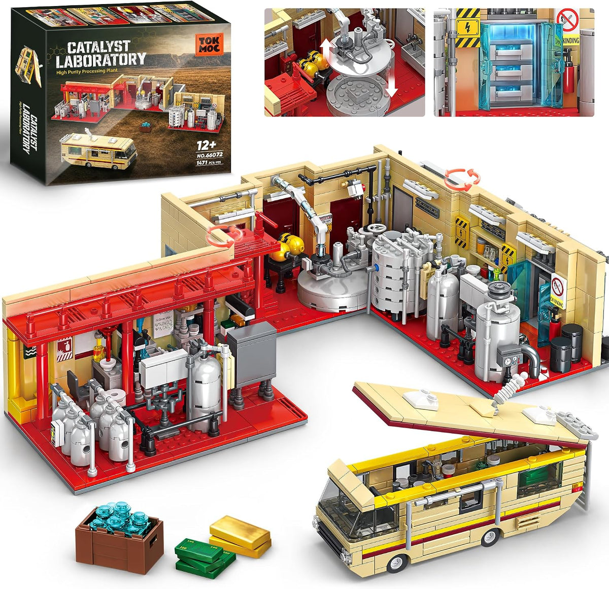 Brick-built industrial chemistry lab beside a beige camper van with orange stripe