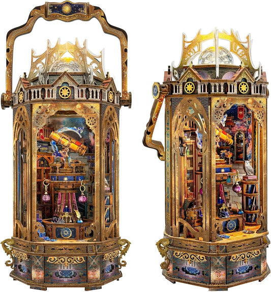 Assembled wooden galaxy lantern puzzle model with rotating mechanism on a bookshelf