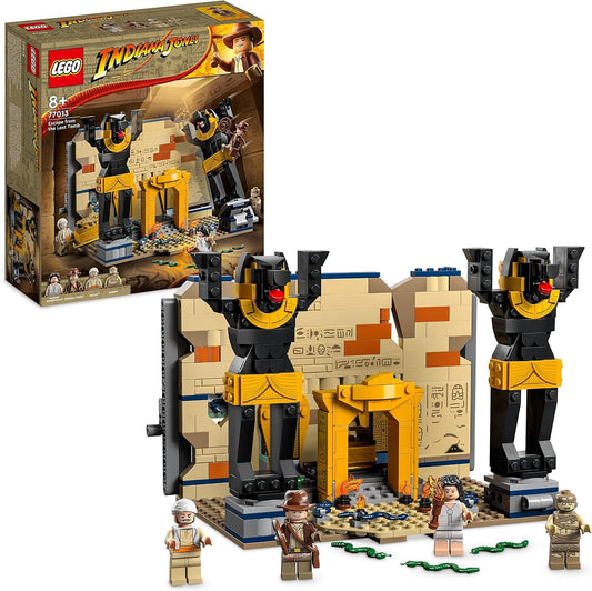 Sandstone brick temple with tall statue, snakes, mummy and adventurer figures