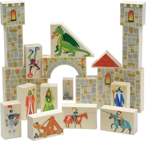Printed hardwood castle blocks with knight, king, queen and dragon figures