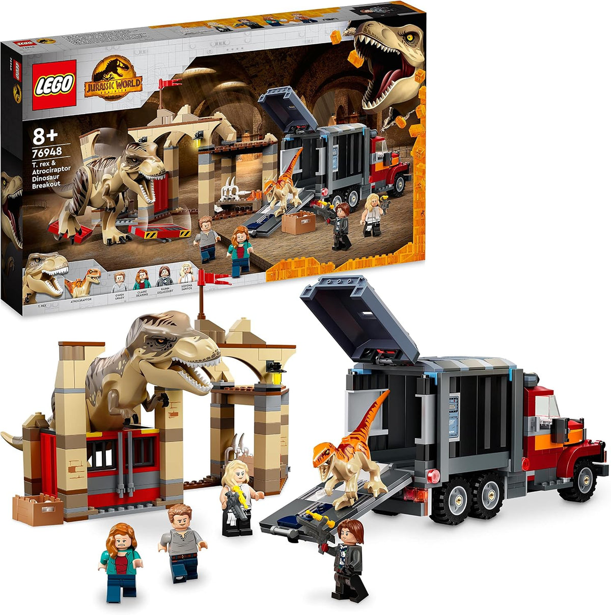 Built T. rex and raptor dinosaurs chasing a truck with figures