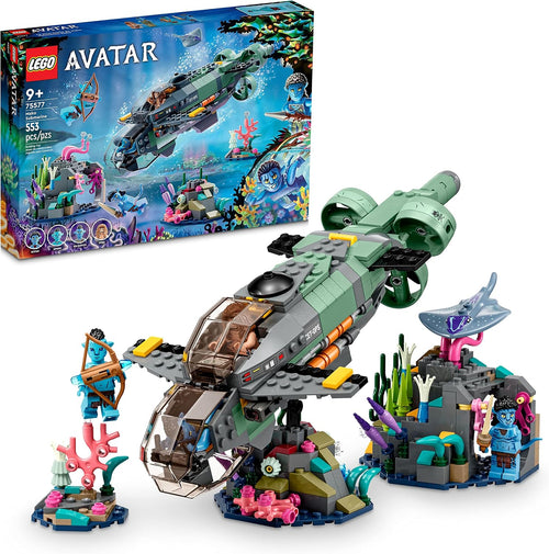 Built submarine brick model above coral reefs with stingray, fish and minifigures