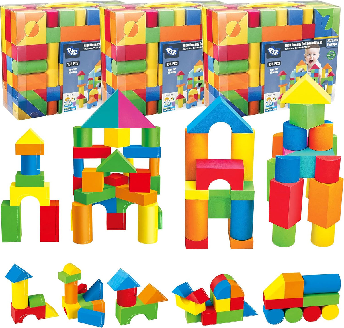 Colorful soft foam building blocks stacked into a small tower