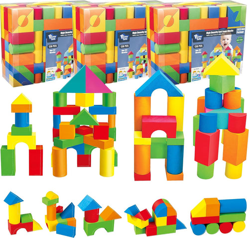 Colorful soft foam building blocks stacked into a small tower