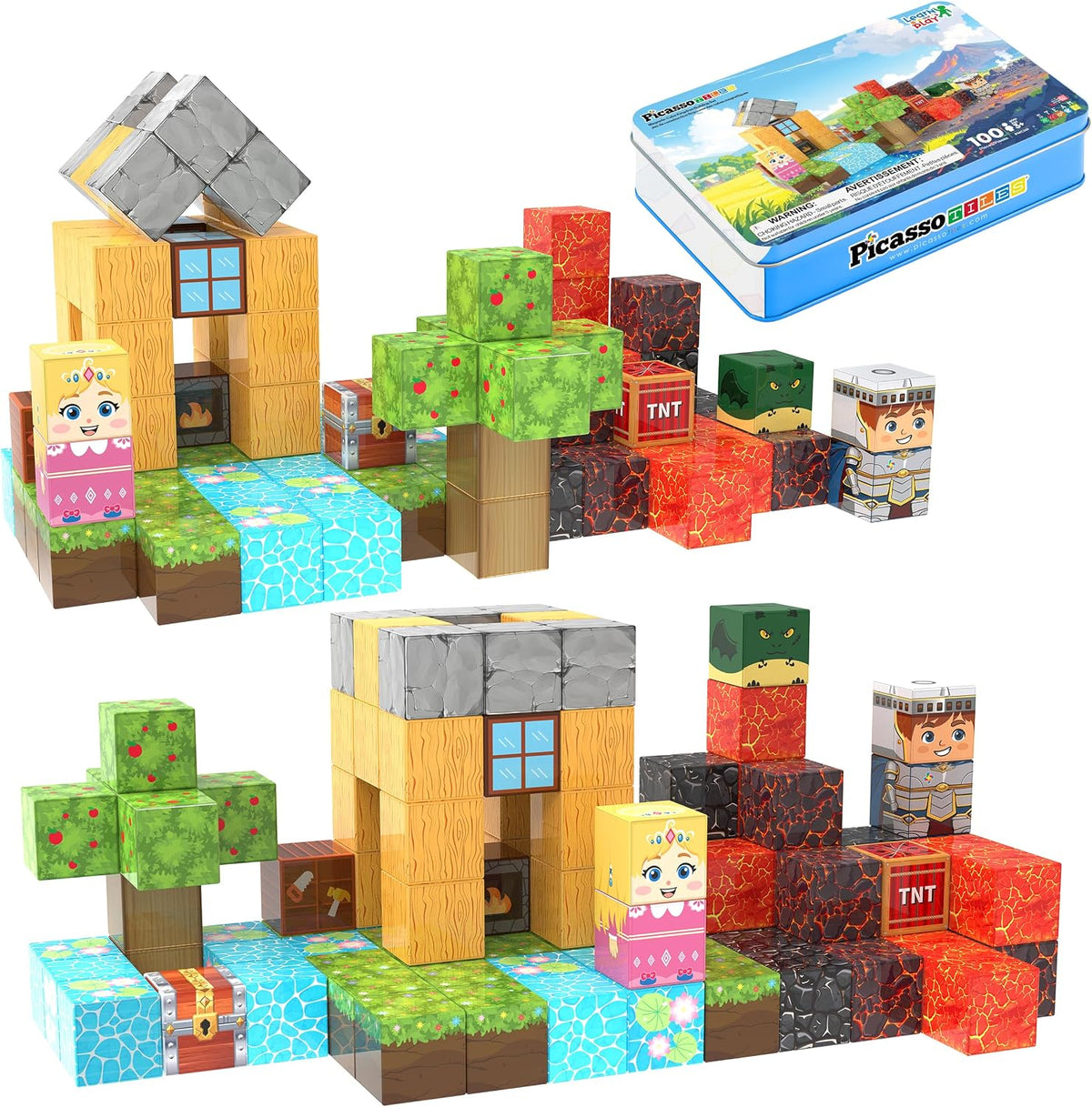 Pixel-style kingdom scene built from printed magnetic cubes