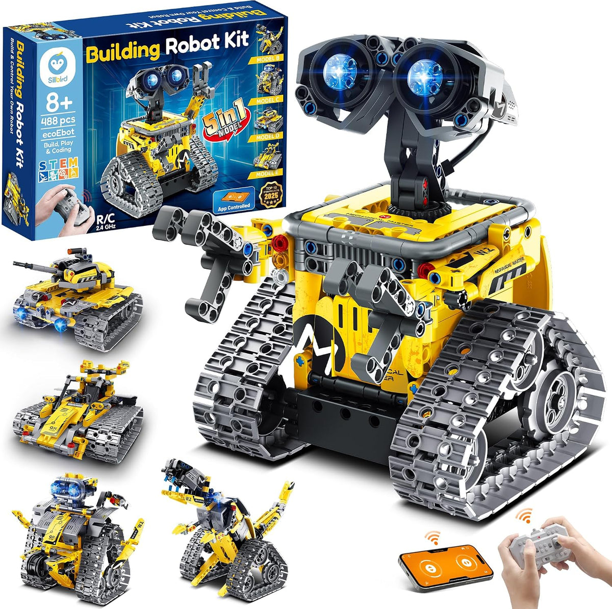 Brick-built wheeled robot with remote control and smartphone app
