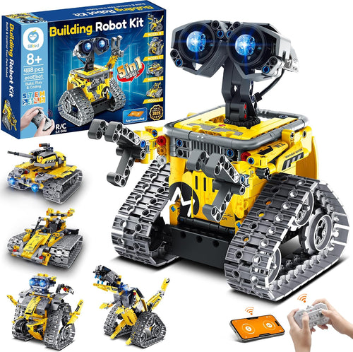 Brick-built wheeled robot with remote control and smartphone app