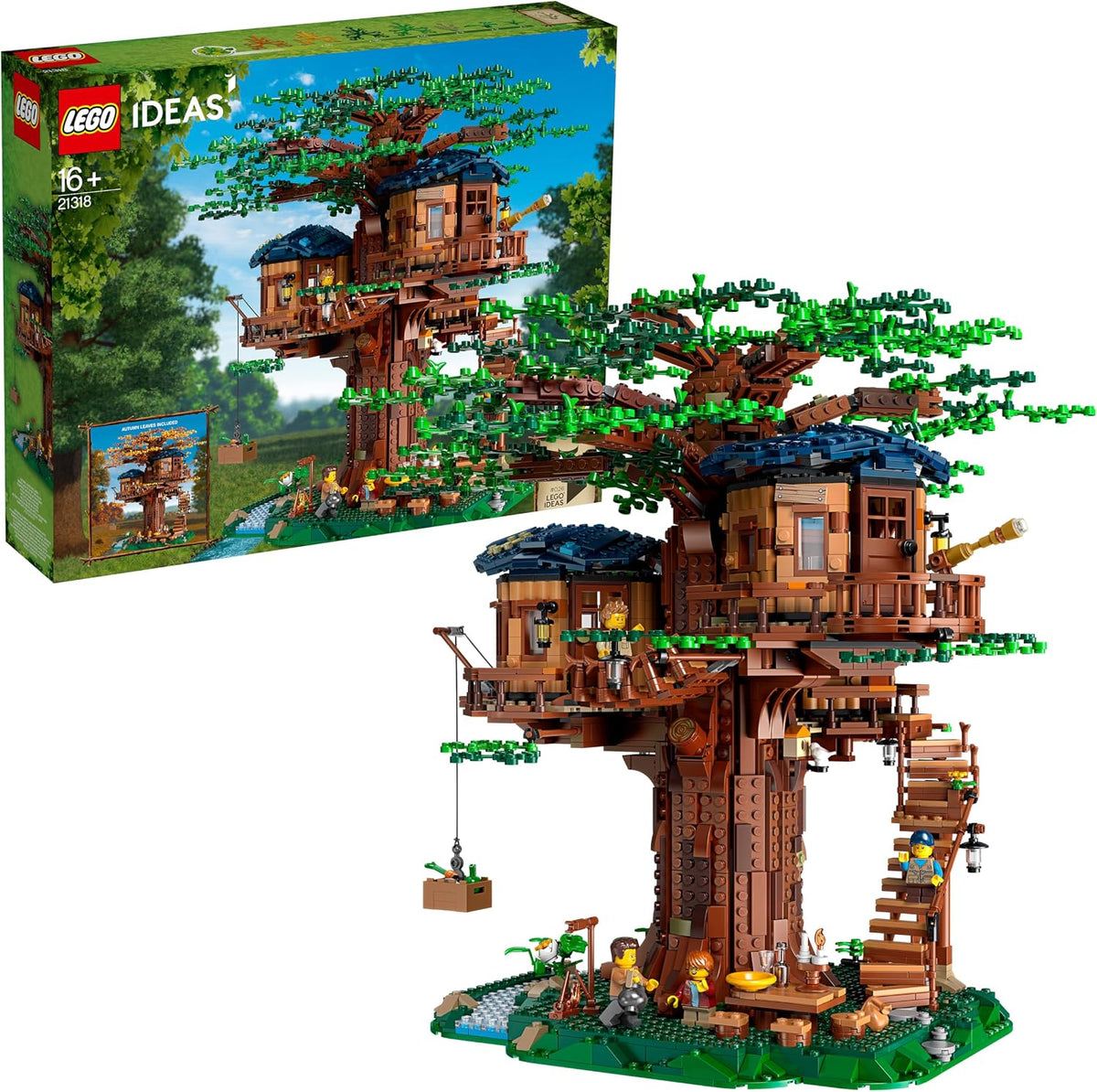 Large brick tree with green leaves holding three wooden-style cabins on a grassy base