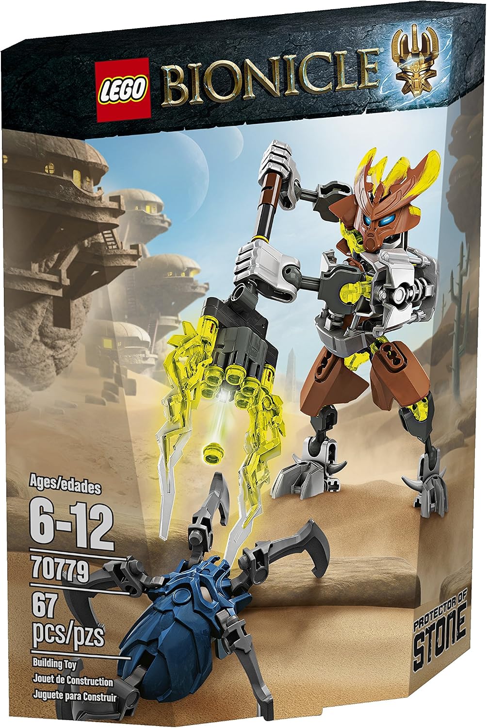 Brick-built stone warrior figure with blaster facing a dark blue spider