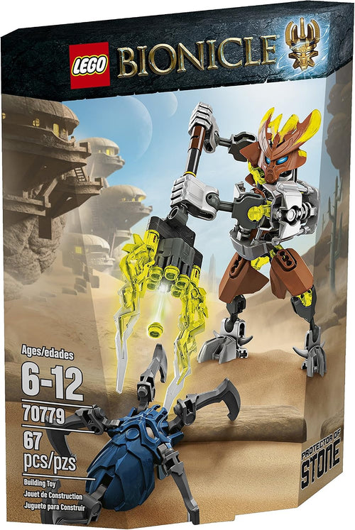 Brick-built stone warrior figure with blaster facing a dark blue spider