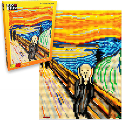 Pixel brick mosaic of The Scream painting with swirling orange sky