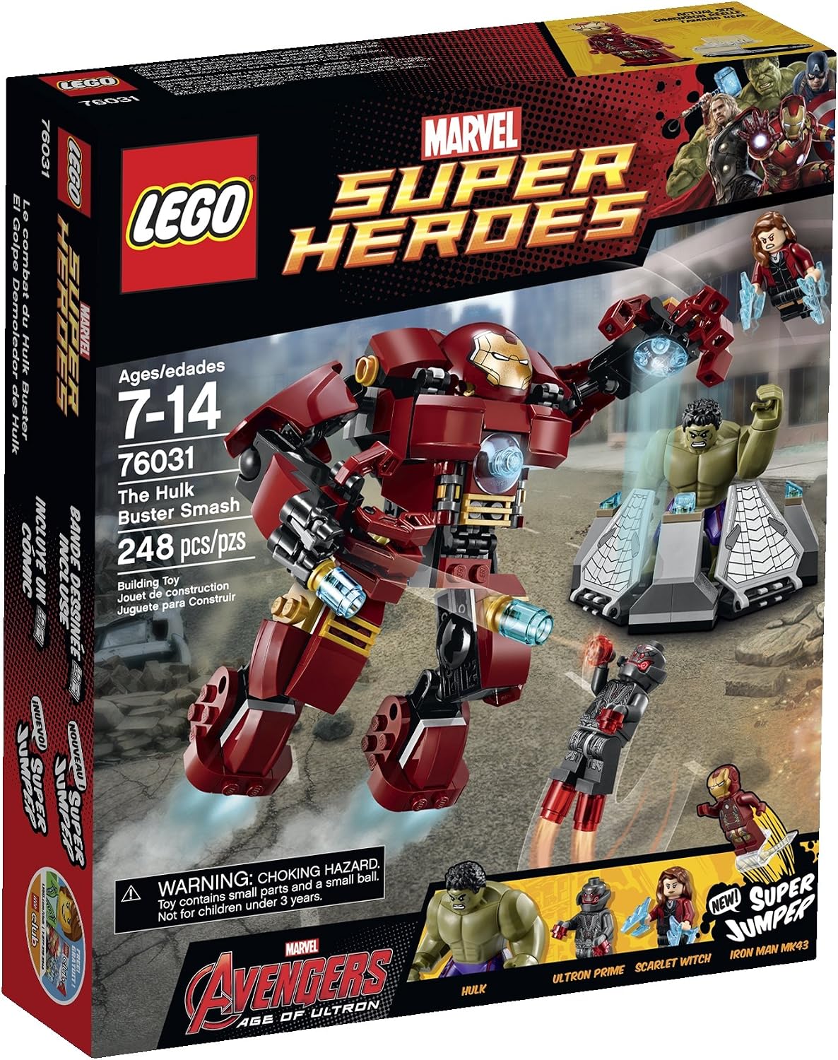 Large brick-built armored mech suit gripping a flying robot villain