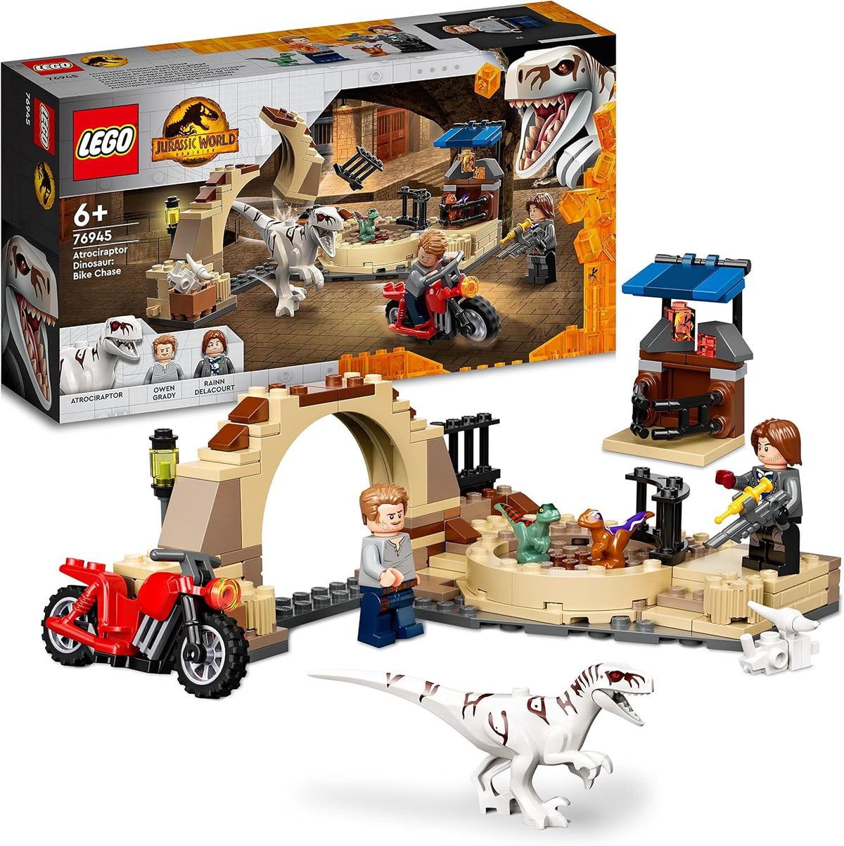 Brick raptor dinosaur chasing a motorcycle rider through a market stall