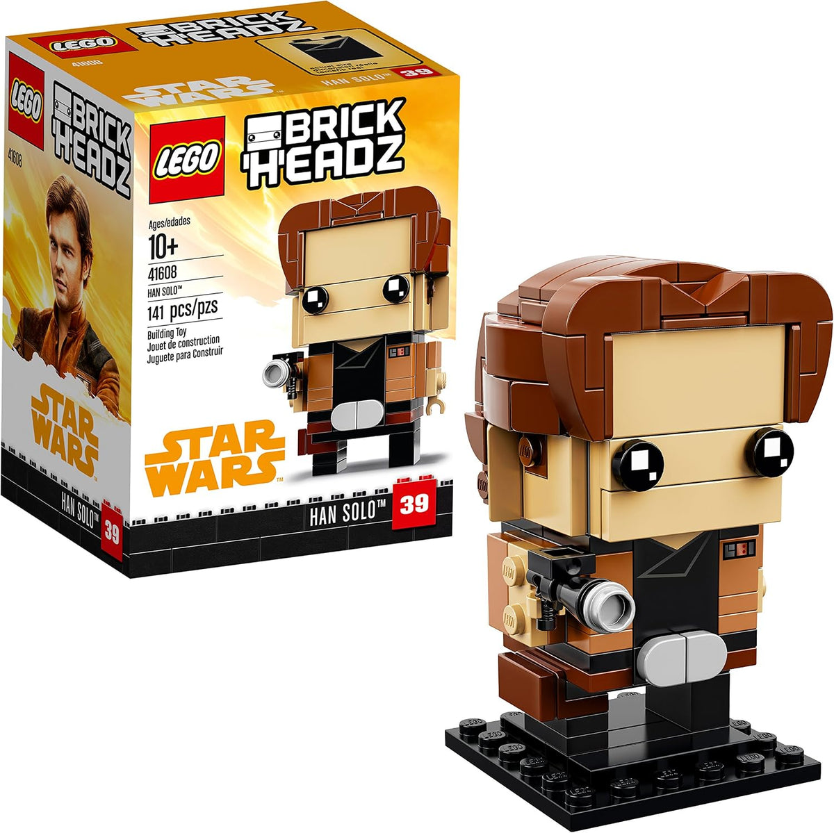 Blocky brick figure in brown jacket holding a blaster on a small baseplate