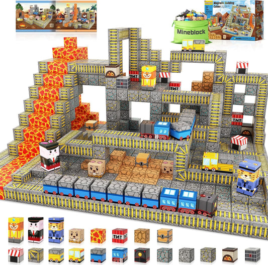 Magnetic block mine train track with trucks, lava blocks and animal figures