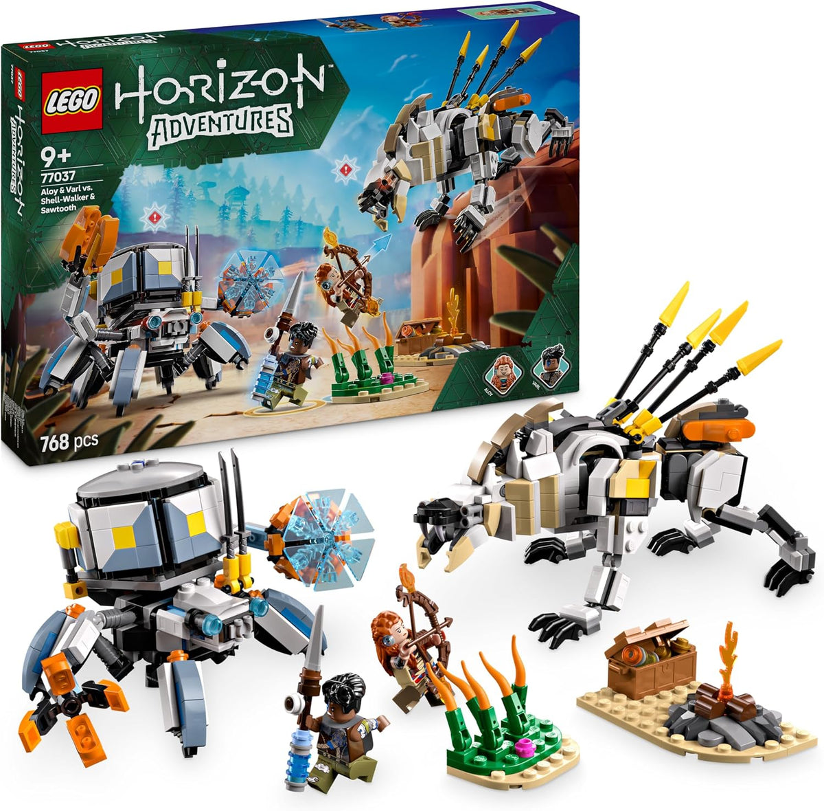 Two minifigure hunters facing brick-built mechanical beasts