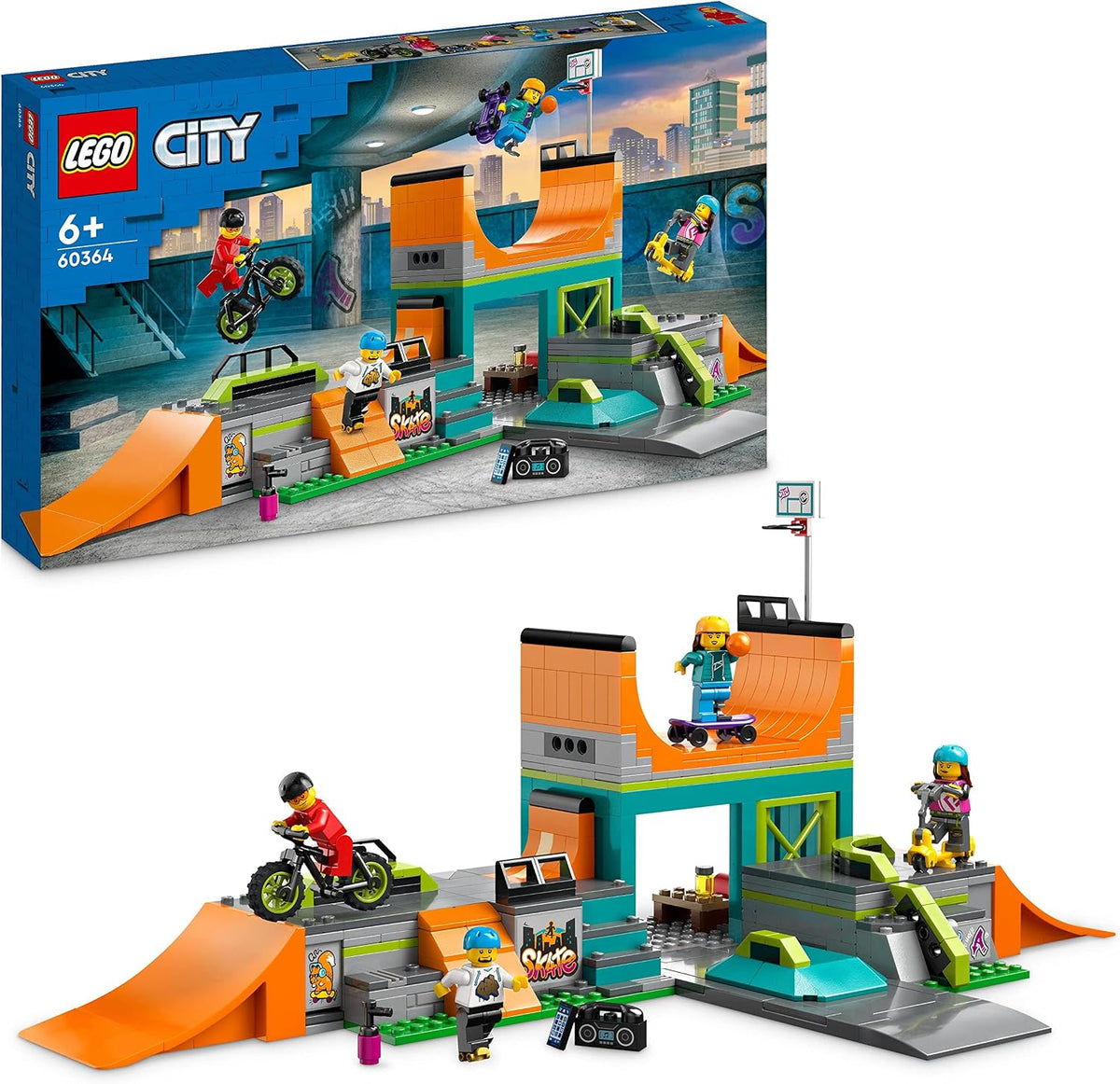 Built urban skatepark with ramps and figures riding BMX bike and skateboard