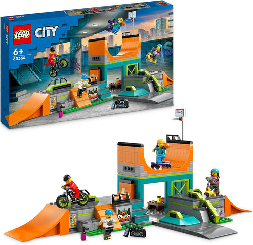 Built urban skatepark with ramps and figures riding BMX bike and skateboard