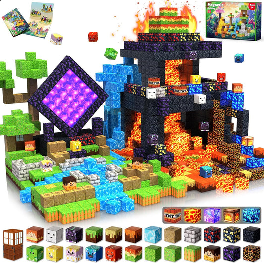 Magnetic cube forest castle with dinosaurs and a glowing orange volcano