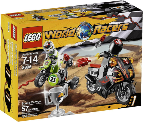 Two brick race bikes with red and green drivers racing through a canyon with a snake