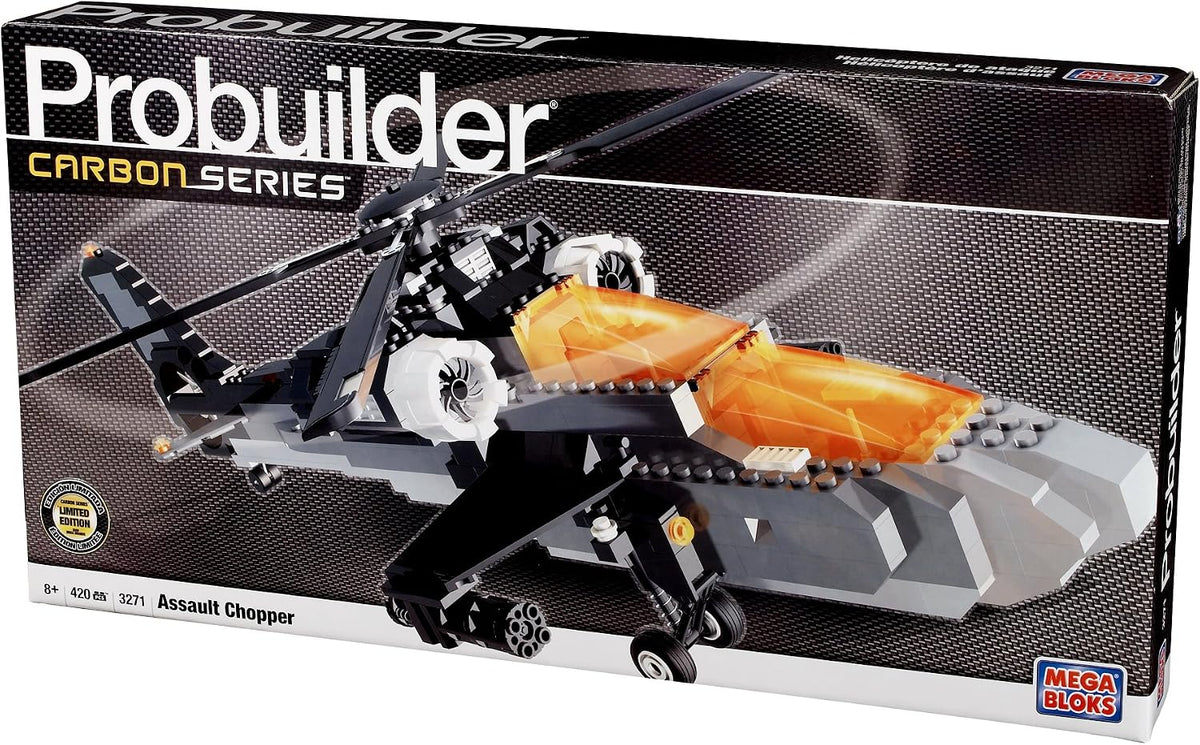 Brick-built assault helicopter with four-blade rotor and orange-tinted cockpits
