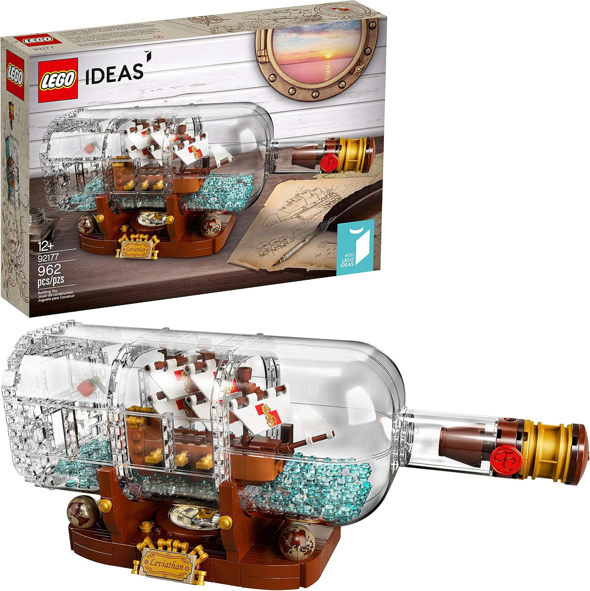 Brick sailing ship inside a clear brick-built bottle on a wooden-style stand