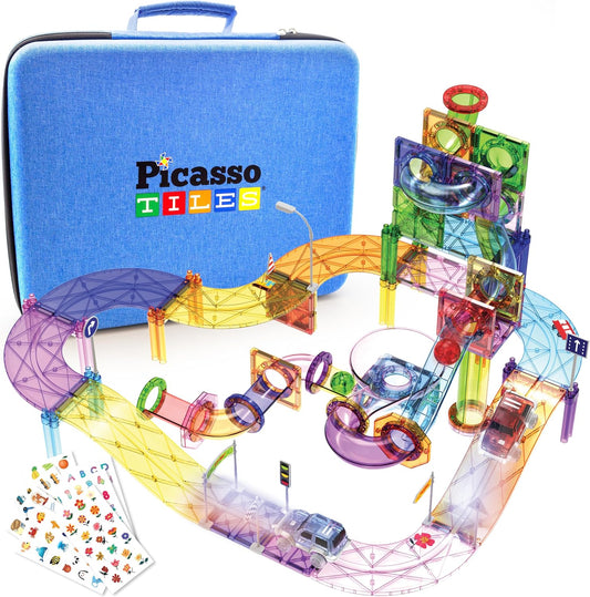 Colorful magnetic tile tower with a marble run chute and a race track ramp