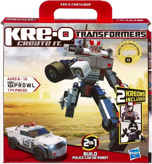 Built white police robot brick figure beside its police car mode
